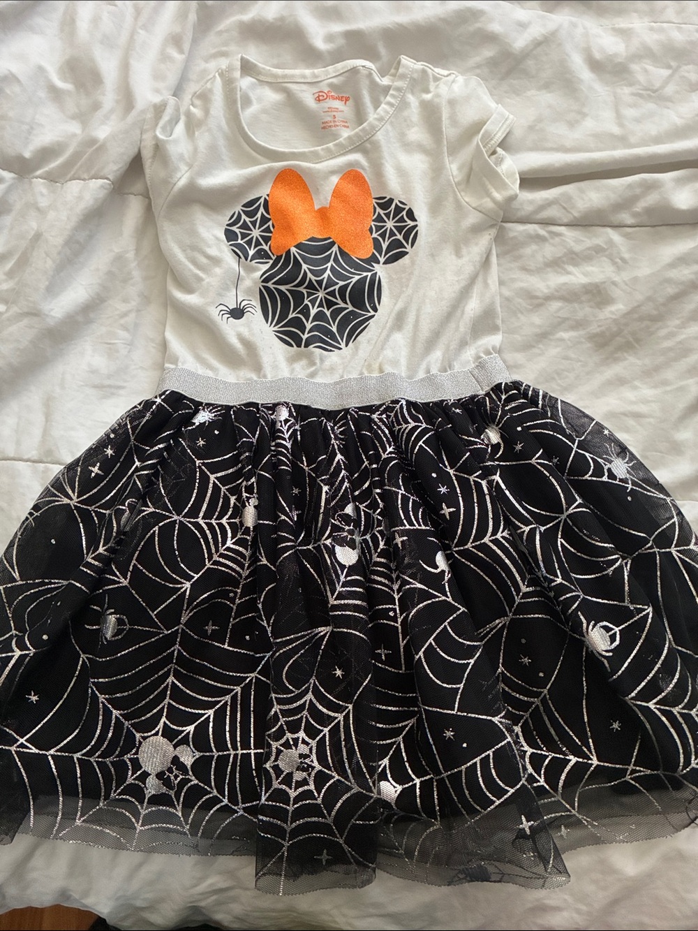 Disney Black & White Spiderweb Minnie Tulle Halloween Dress with Orange Bow